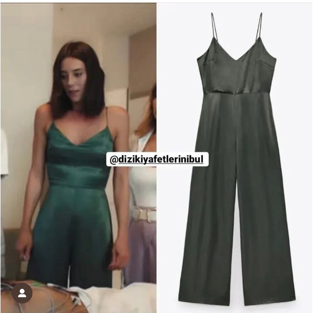 ZARA LONG SATIN EFFECT JUMPSUIT DARK GREEN